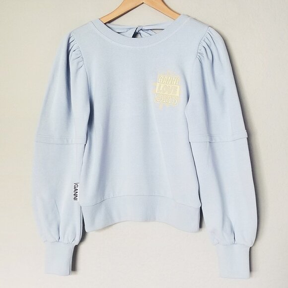 Ganni Isoli Bow Open Back Puff Sleeve Organic Cotton Sweatshirt XS Blue $215 - Picture 6 of 16